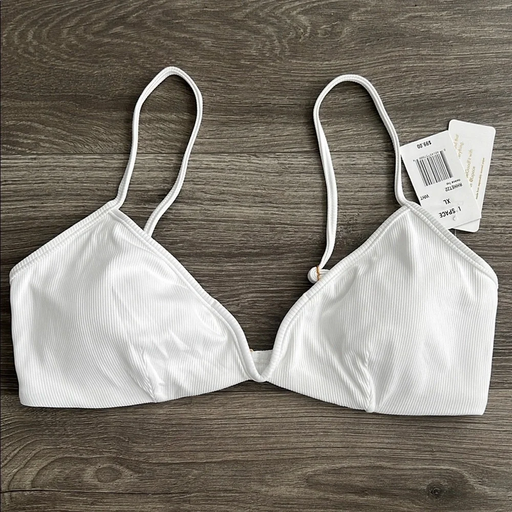 L*SPACE Helena Bikini Top XL White Ribbed Gold V-Wire Swimwear Resortwear Beach